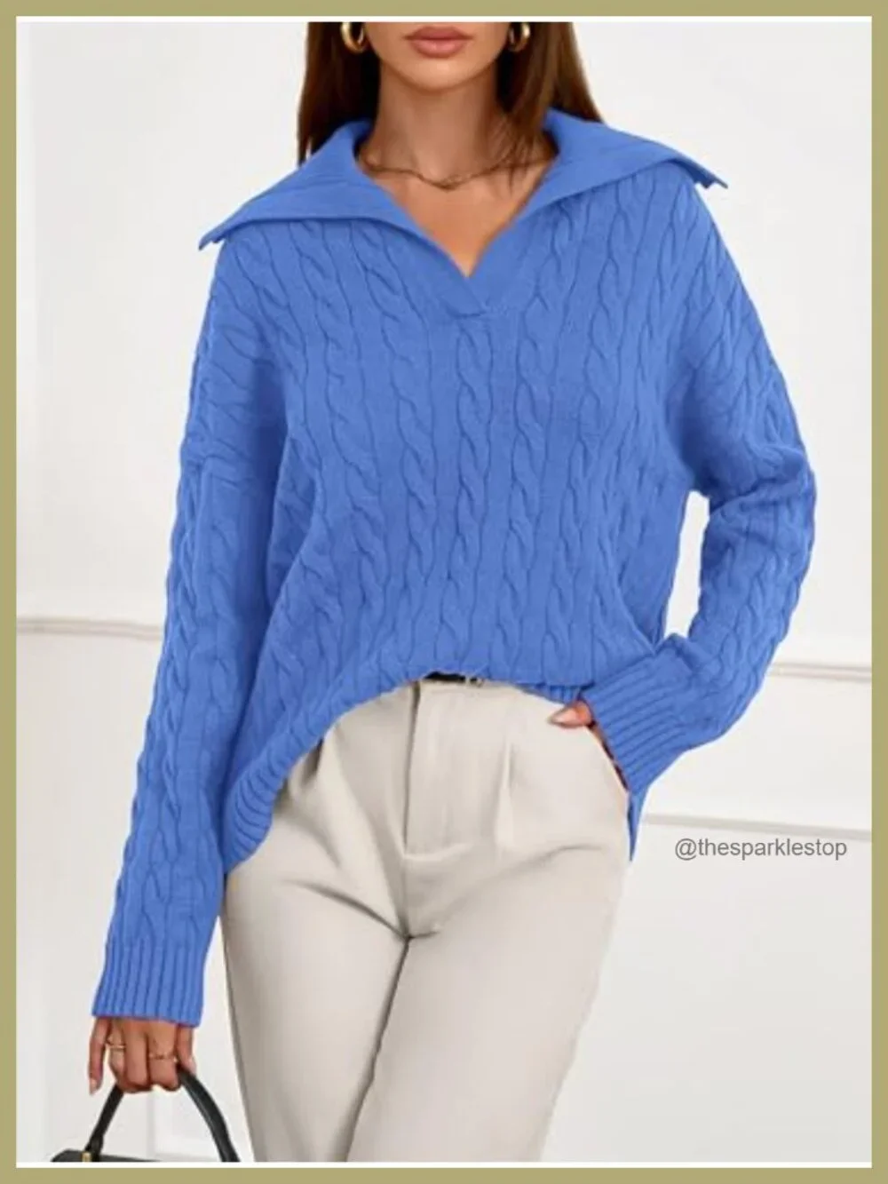 Oversized Cable Knit V-Neck Long Sleeve Chunky Pullover Sweater
